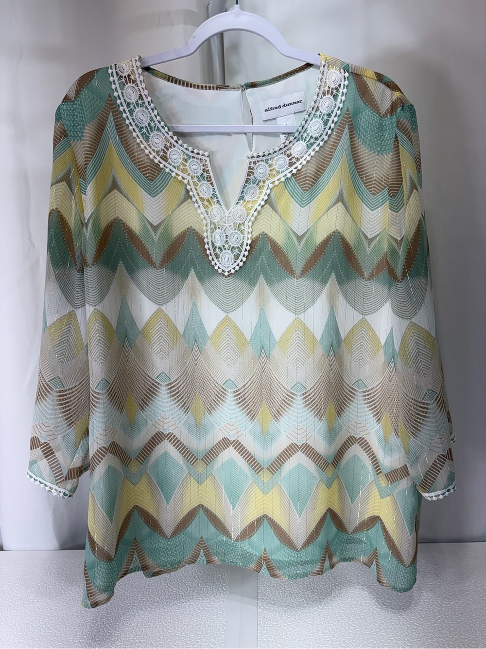 Alfred Dunner Mint, Yellow & Brown Chevron Lace-Trim Tunic Top 3268
